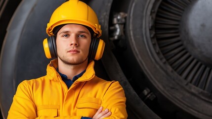 Fototapeta premium young technician wearing a yellow hard hat and noise-canceling headphones stands with arms crossed beside a large aircraft engine
