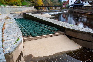 Fish migration brushes on the weir, designed to help fish swim upstream. The brushes are exposed without water, showcasing their unique design and function in aiding migration