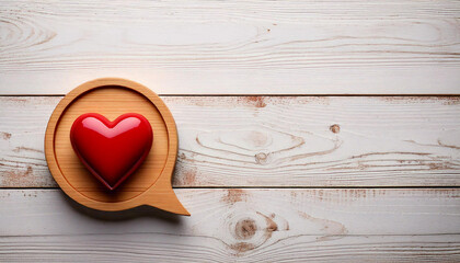 Red Heart in Wooden Speech Bubble on White Rustic Background