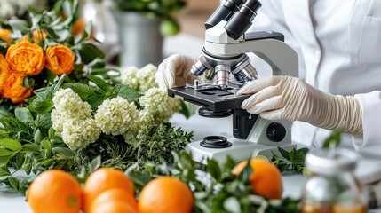 person wearing gloves is studying plant materials under a microscope surrounded by vibrant flowers and citrus fruits, highlighting a focus on botanical research and analysis