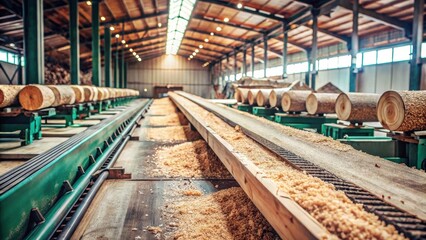 Industrial Timber Processing Logs Moving Along Conveyor Belt to Lumber Mill Sawing Machine for Wood Production