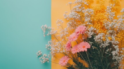 Pink gerberas paired with white and yellow gypsophila resting on two tone yellow and turquoise surface, highlighting delicate flower composition
