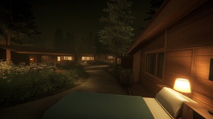 Fototapeta premium Nighttime Cabin Retreat Peaceful Woodland Pathway