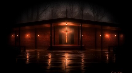 Nighttime Church Exterior Illuminated Cross
