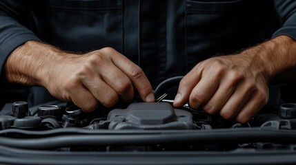 focused mechanic is using both hands to inspect and adjust components of an automotive engine. Tools and parts are visible in a well-lit workshop environment
