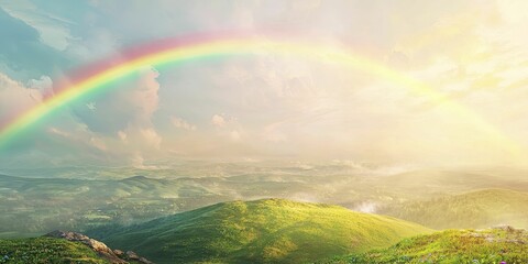 Obraz premium A lush Irish countryside with rolling green hills under a rainbow for St. Patrick's Day.