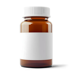 Brown medicine bottle with blank label on isolated transparent background.