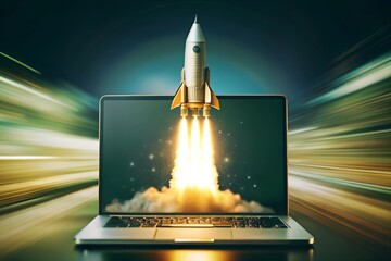 Futuristic Rocket Launch from Laptop Screen: AI Digital Illustration. generative AI