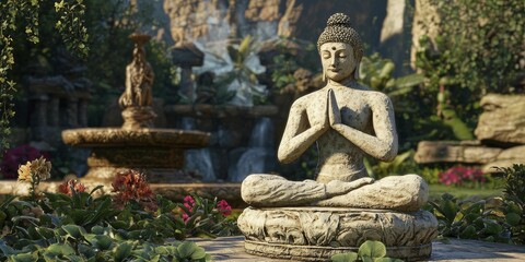 Obraz premium A peaceful outdoor yoga session during the March equinox in a lush garden.