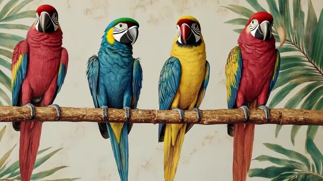 Brightly colored parrots perched on a bamboo branch in a tropical setting