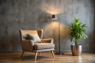 Retro Armchair and Glowing Lamp in Minimalist Living Room Interior. generative AI