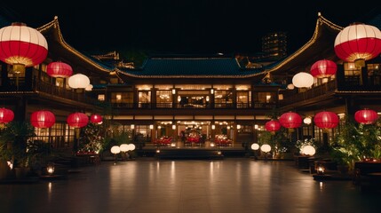 Nighttime Courtyard Festive Asian Restaurant Scene