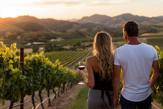 Couple enjoying wine at sunset in a picturesque vineyard, celebrating love and creating lasting memories amidst the beauty of nature.