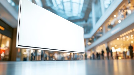 Empty Advertising Billboard in Modern Shopping Mall Surrounded by Bright Lights and Reflective Surfaces Evoking Anticipation