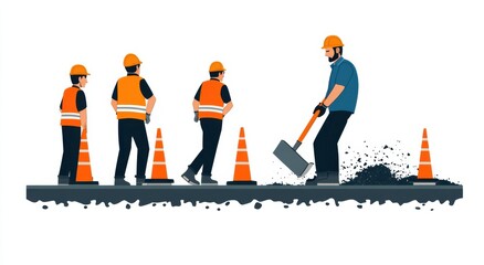 Naklejka premium Illustration of workers in safety vests paving road with construction cones and a shovel