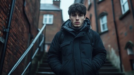 young man with dark hair stands on a set of stairs in a narrow alleyway. He wears a black jacket and appears contemplative as he gazes into the distance on an overcast day in a city