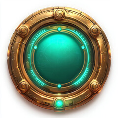Circular game asset with glowing turquoise center and ornate golden frame