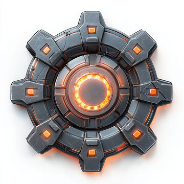 Futuristic gear icon with glowing elements and metallic texture