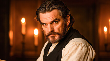 Obraz premium Dramatic candlelit portrait close-up of a bearded man's intimate study