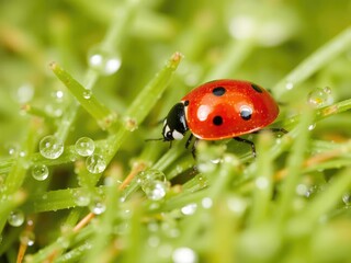 Obraz premium Close-up of a vibrant red ladybug on fresh morning dew covered grass, morning, beetle, macro
