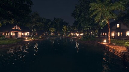 Obraz premium Nighttime Lakeside Cottages Tropical Retreat Peaceful Scene