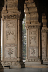 Ornate marble columns with intricate floral designs and arches in a historic building Diwan-i-Khas, Red Fort, Delhi