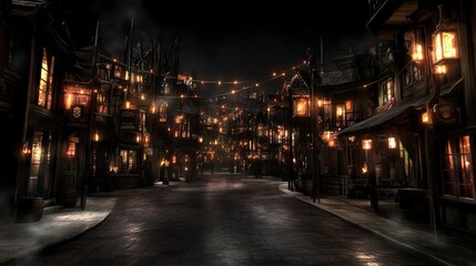 Nighttime Medieval Street Scene, Glowing Lanterns