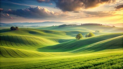 Obraz premium Serene Rolling Hills at Sunrise A Breathtaking View of Undulating Green Fields and Solitary Trees