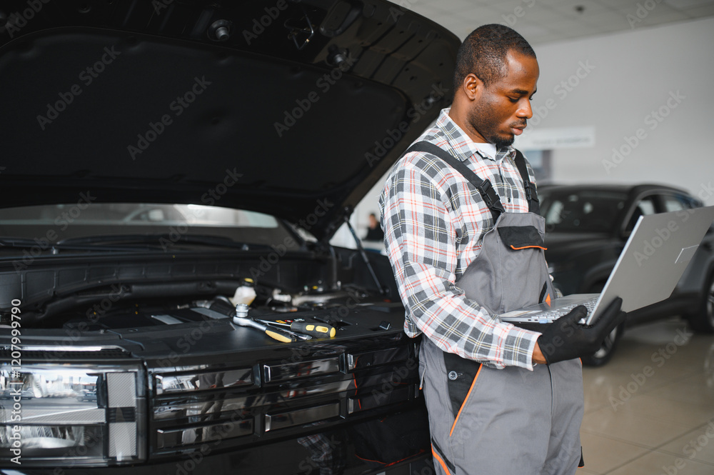 Poster Black auto mechanic running diagnostic on laptop while analyzing engine problems in a workshop