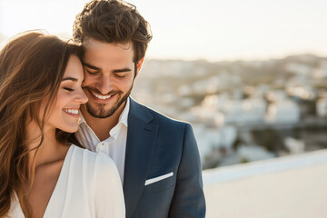 Elegant Couple in Santorini: A Romantic Getaway. Intimate moments, stylish attire, and breathtaking views capture the essence of love and luxury in Greece. Perfect for honeymoon or travel inspiration.