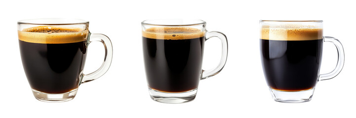 Naklejka premium A Set of Modern Glass Mugs with Black Coffee and Rich Crema Isolated on Transparent Background