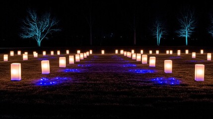 Naklejka premium Nighttime Pathway Illuminated by Lanterns and Lights