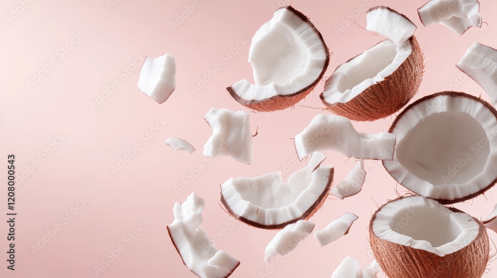 Poster slices and halves of fresh coconuts are levitating on a pastel pink background, creating a visually 
