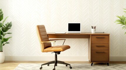 A modern workspace featuring a wooden desk, laptop, and potted plants.