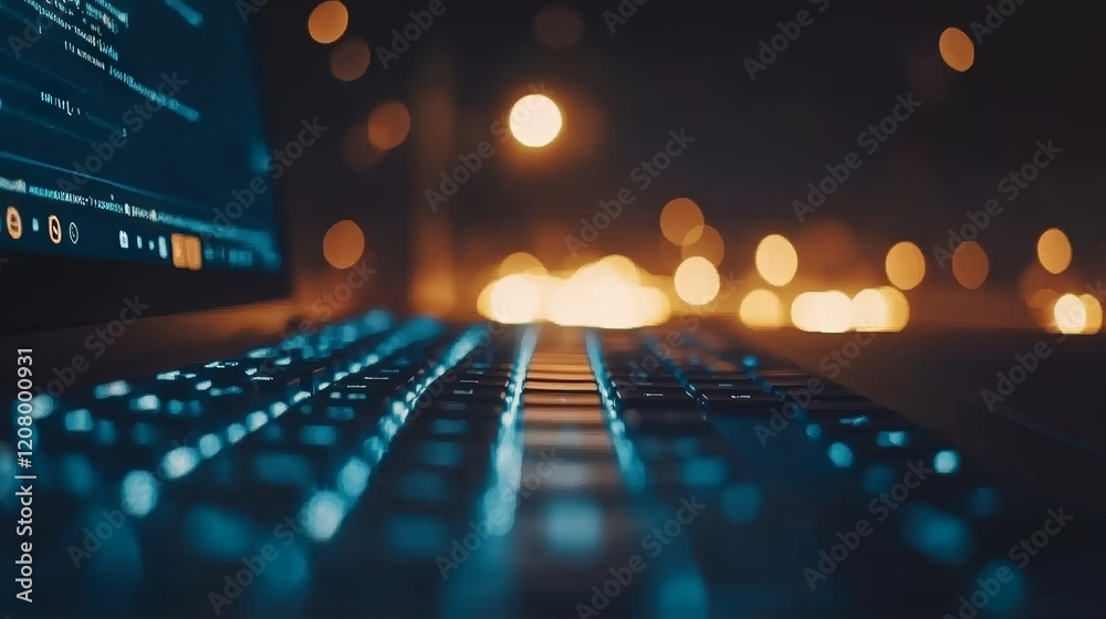 Poster nighttime programmer laptop keyboard coding lights city