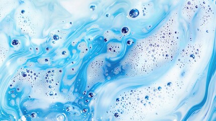 Bright Blue Background with Delicate Soap Foam and Bubbles