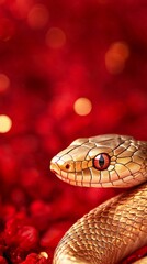 Obraz premium Golden snake on vibrant red background