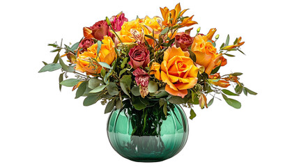 Obraz premium a green vase filled with yellow roses and other colorful flowers PNG image, PNG file, Generative art.