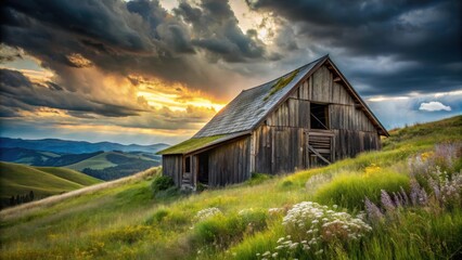 Rustic wooden barn on a hillside, bathed in the golden light of a dramatic sunset, overlooking a picturesque landscape of rolling hills and vibrant wildflowers.