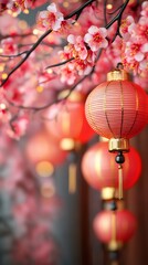 Cherry blossoms with red lanterns