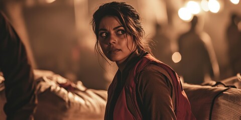 Pensive Woman at Bustling Market with Warm Lighting and Focused Expression