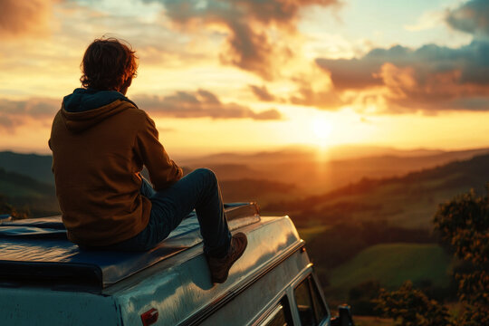 Man sitting on camper van and looking at scenic sunset over rolling hills during road trip. Solo traveler enjoying freedom and tranquility - Powered by Adobe