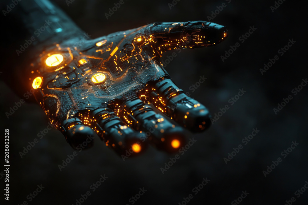 Wall mural close-up of high-tech robotic hand illuminated with glowing orange circuits. digital hand hologram o