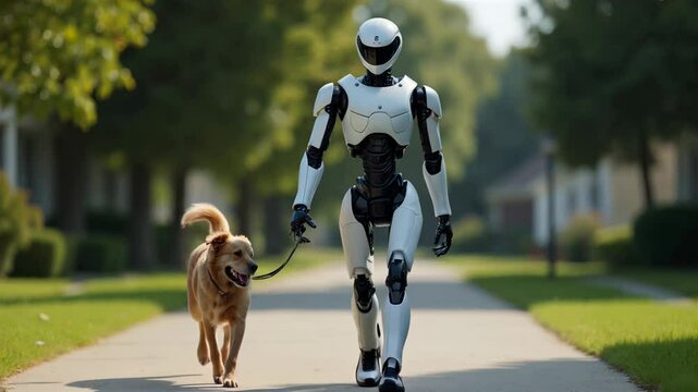 Humanoid android walking a dog on a leash in a suburban neighborhood. Futuristic concept of progress and innovation