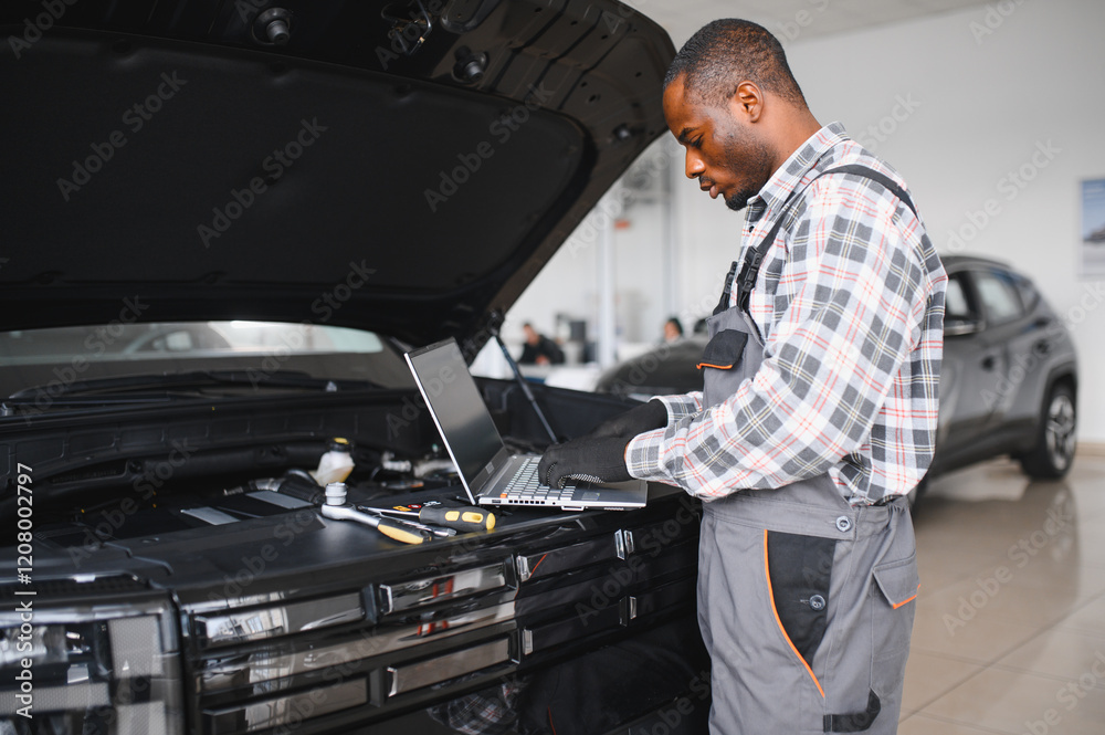 Poster portrait of smiling mechanic in car service ordering new parts for damaged vehicle using tablet. afr