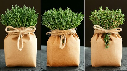 Fresh green herbs in eco-friendly paper wraps tied with twine, placed on a dark slate surface. Organic and natural concept