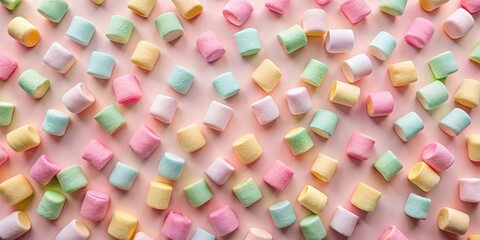 Pastel-colored marshmallows arranged in a delightful pattern on a pink background, a sweet and cheerful composition perfect for festive celebrations or culinary inspiration.