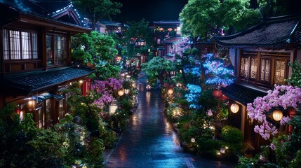 Obraz premium Nighttime View of Illuminated Asian Village Street