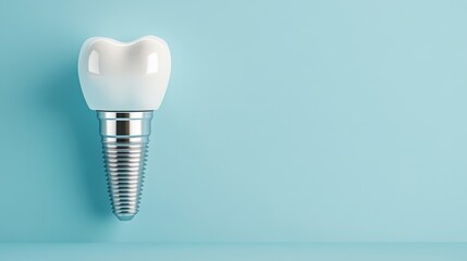 Dental Implant with Tooth Crown Against a Light Blue Background for Dental Health and Cosmetic Dentistry Concepts