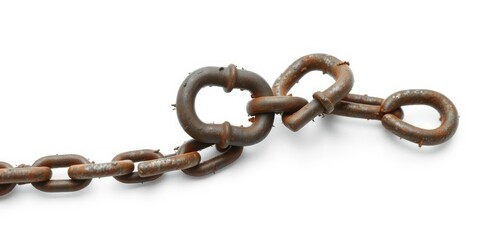 Obraz premium Broken and rusted iron chain with jagged links isolated on a white background, white, rusty
